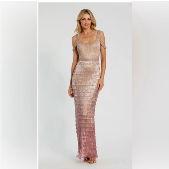 Mac Duggal 6032 Pink Scoop Neck Embellished Fringe Gown Pink Ombre 2 NEW
